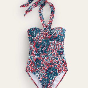 Boden Scarf One-Piece Bandeau Botanic Swimsuit, Dahlia Red/Botanical - NWT